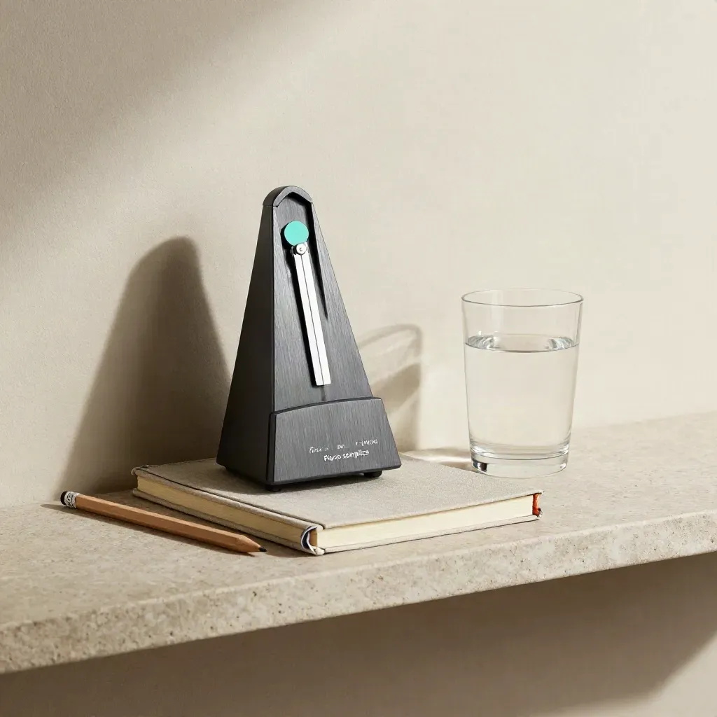 Metronomo, matita, quaderno chiuso e bicchiere d’acqua su mensola di pietra, luce morbida.