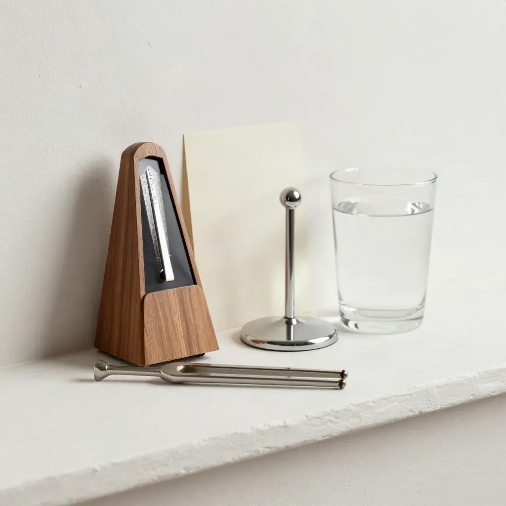 Diapason, metronomo, asta microfono e bicchiere d’acqua su mensola in gesso.