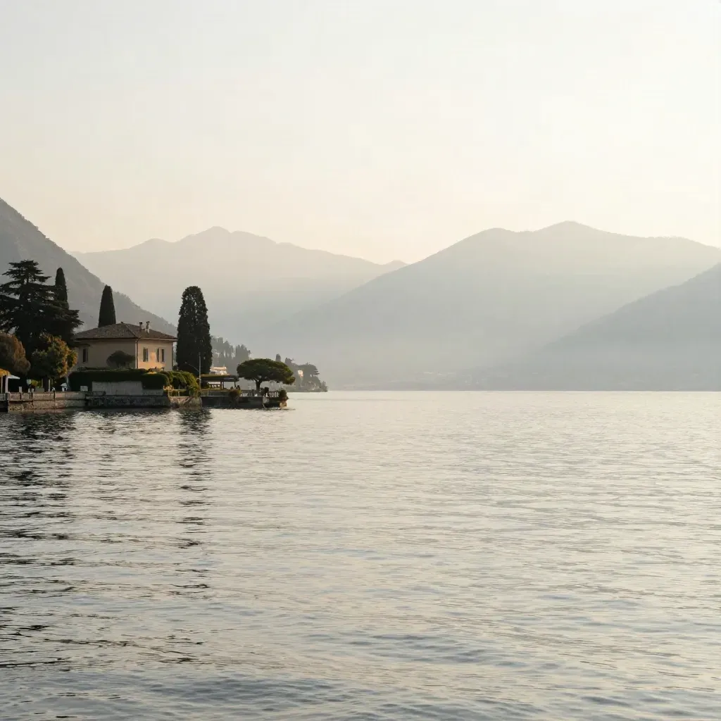 Lago di Como all’alba con villa in alto e acqua calma nella foschia.