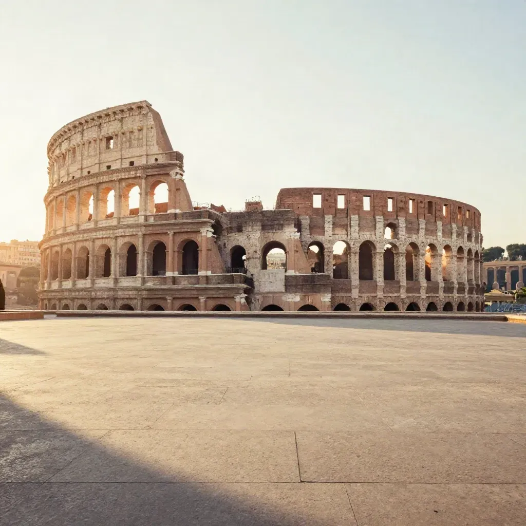 Colosseo e tetti di Roma al tramonto sopra una fascia di pietra calma