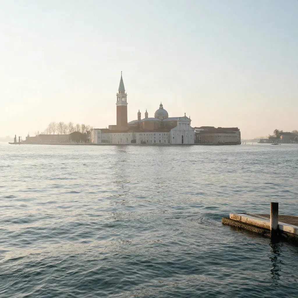 Laguna di Venezia all’alba con San Giorgio e campanile lontano, acqua calma e nebbia