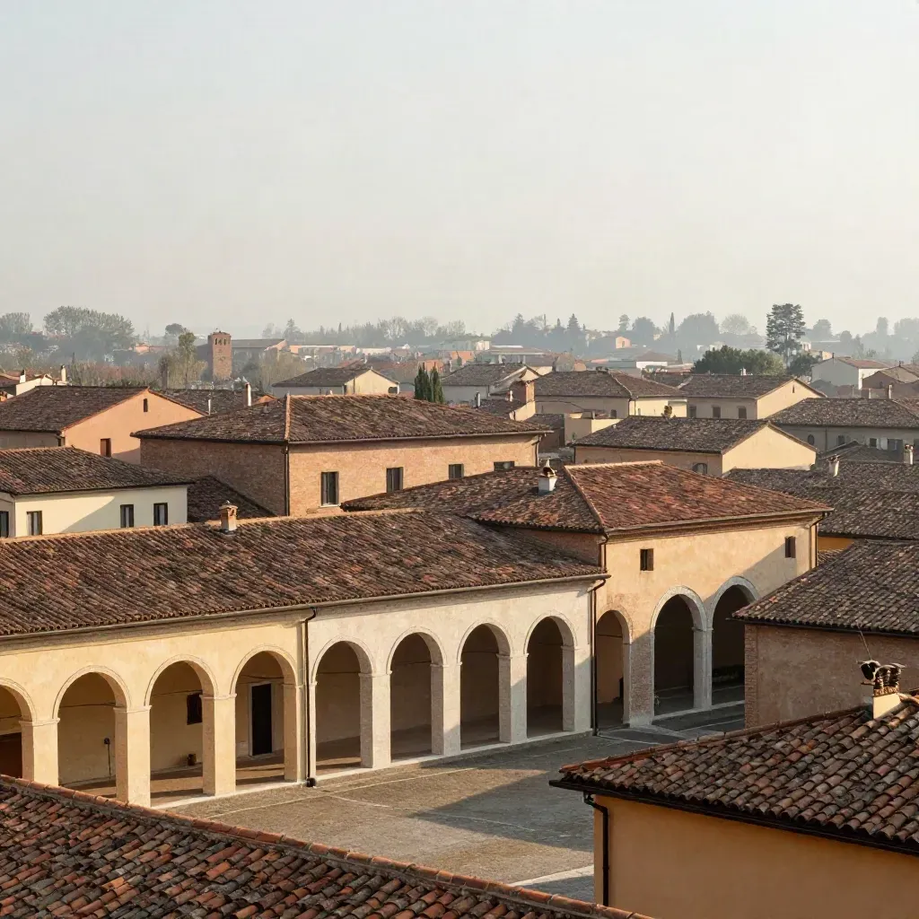 Tetti in terracotta e portici dell’Emilia-Romagna con area calma in basso per il testo