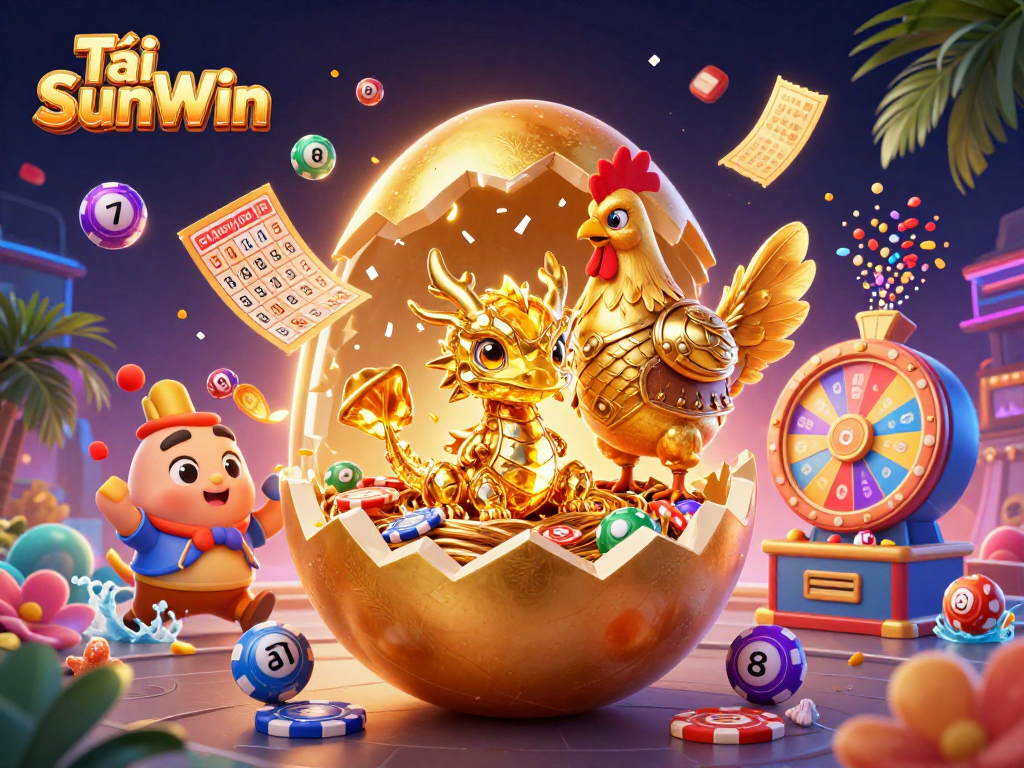Experience Tải SunWin with a vibrant 3D illustration featuring dynamic lottery elements and golden treasures.