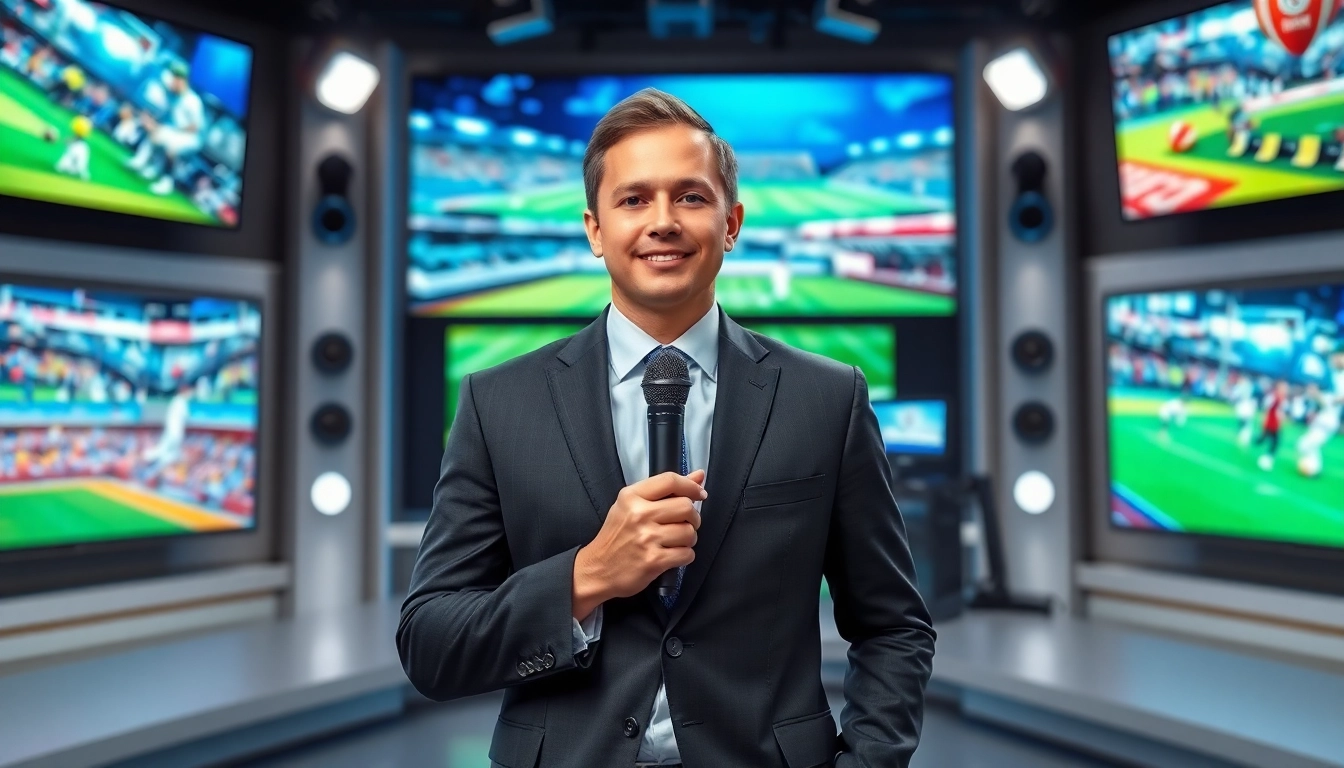 Sports Broadcasting presenter in a dynamic studio capturing live sports highlights.