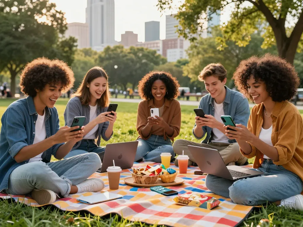 Youthful group discussing Go 99 mobile plan benefits in a vibrant urban park.