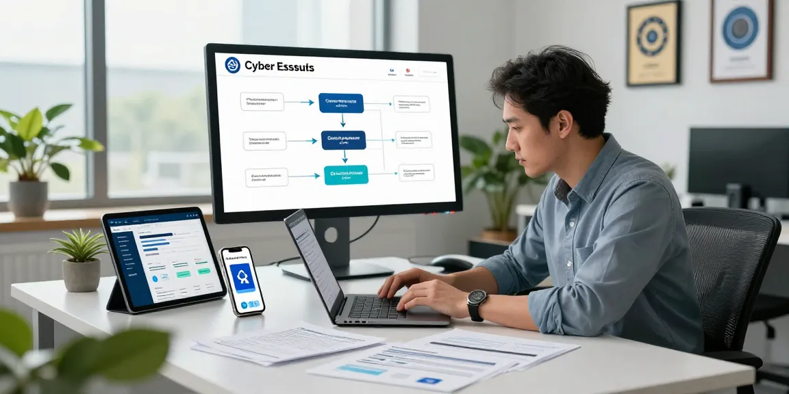 Cyber Essentials assessor reviewing compliance documents in a sleek office setting, ensuring cybersecurity standards are met.