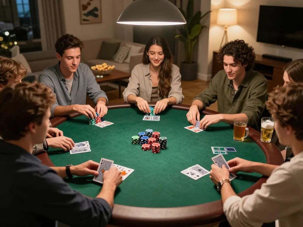 NET88 players enjoying an engaging poker night with vibrant chips and warm lighting.