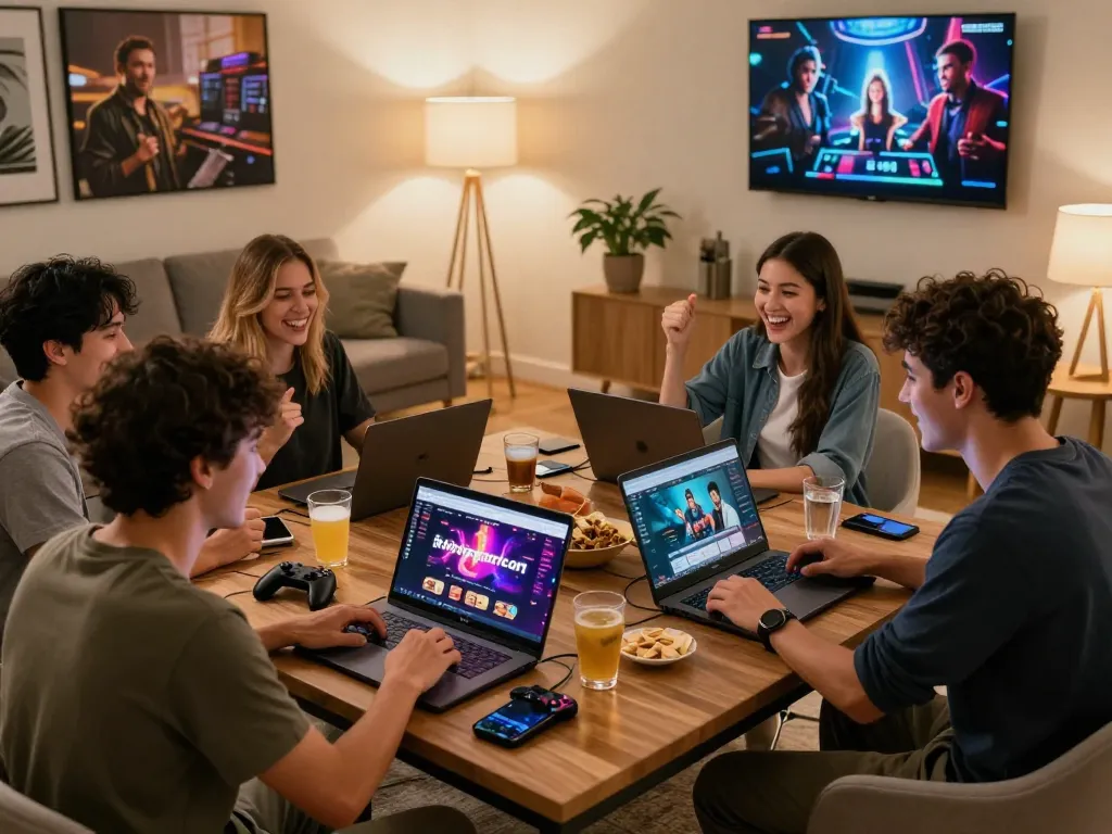 Group of friends celebrating online gaming at home with https://rikviprent.com interface on laptops in a cozy setting.