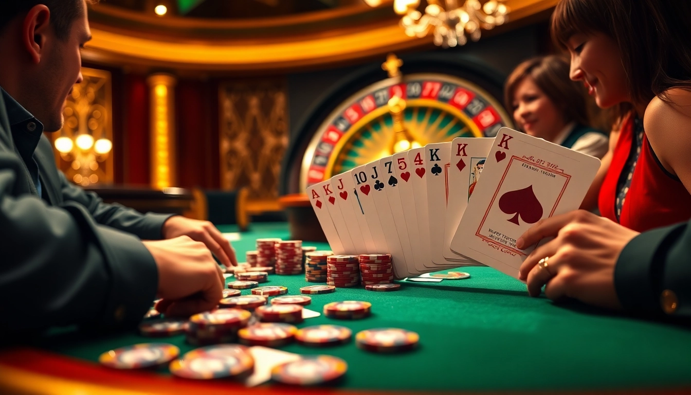 Action-packed poker game at 98win casino, revealing high-stakes tension with poker chips and cards.