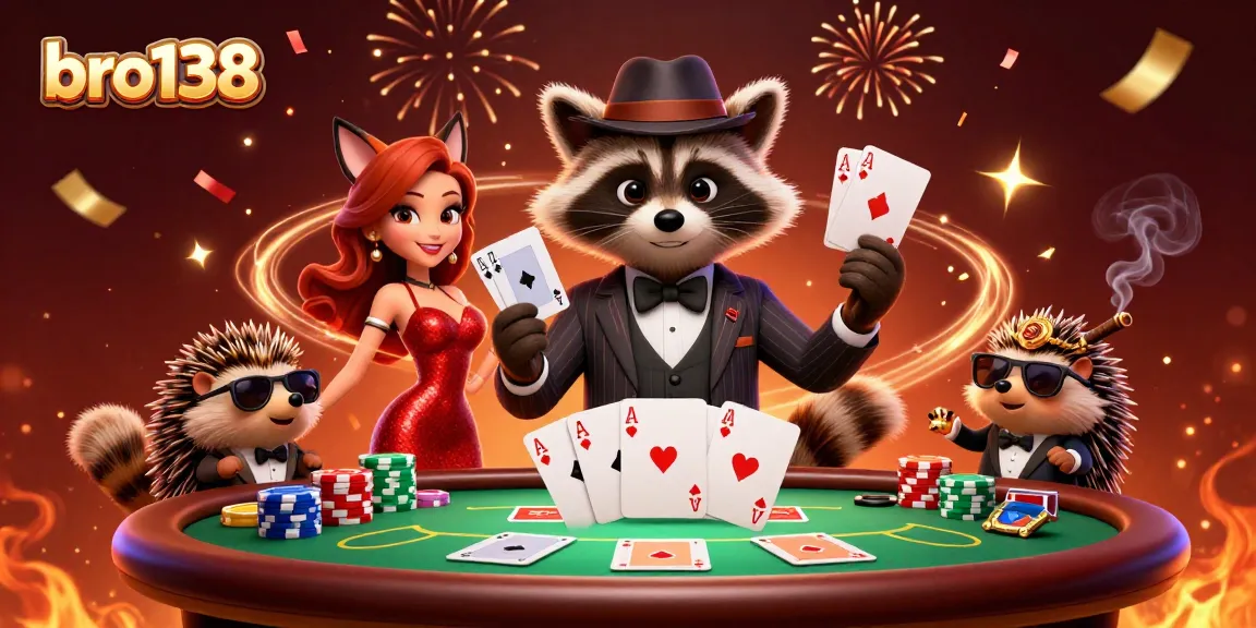 Experience bro138's vibrant casino atmosphere with a raccoon and friends playing high-stakes poker.