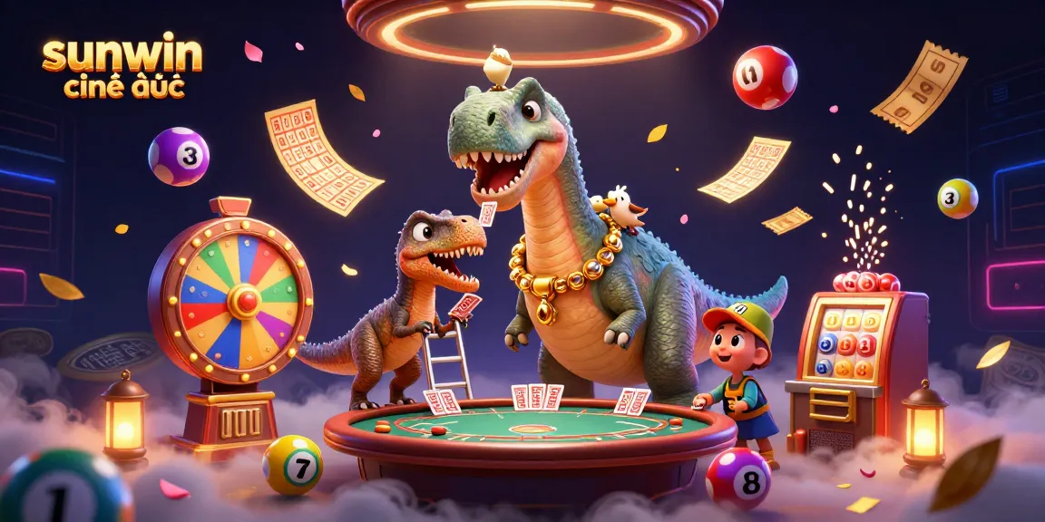 Experience excitement with sunwin chính thức as a cartoon brontosaurus interacts in a vibrant 3D casino setting.