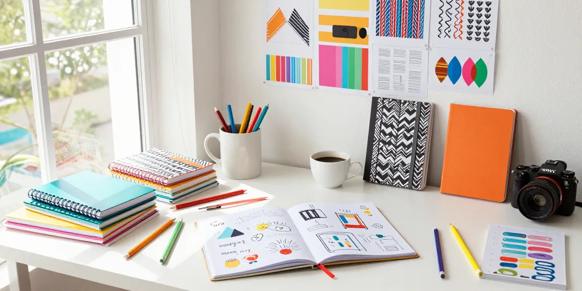 Designer creating custom printed notebooks in a vibrant workspace with colorful design tools.
