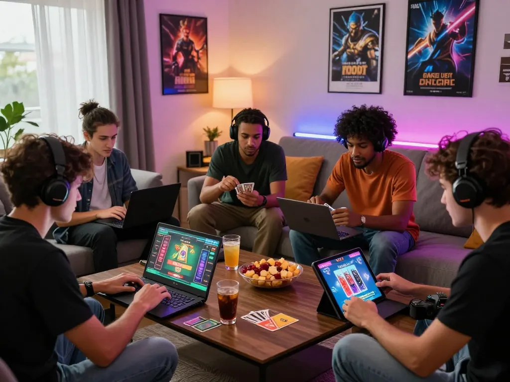 Engage in thrilling card games at https://789clubweb.com/ with friends in a vibrant living room setting.