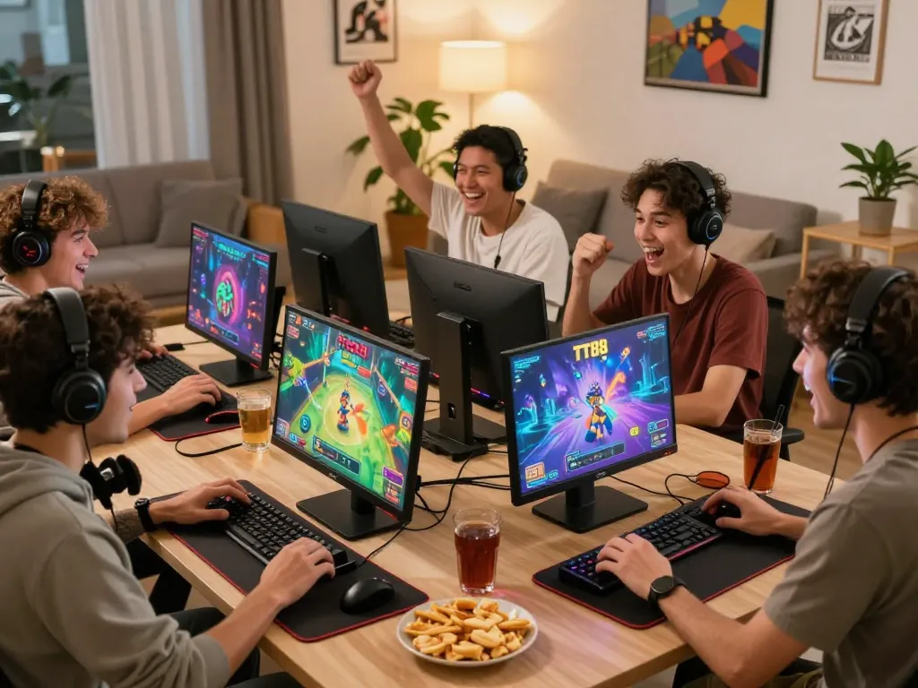 Enthusiastic group of friends playing TT88 games in a cozy living room.