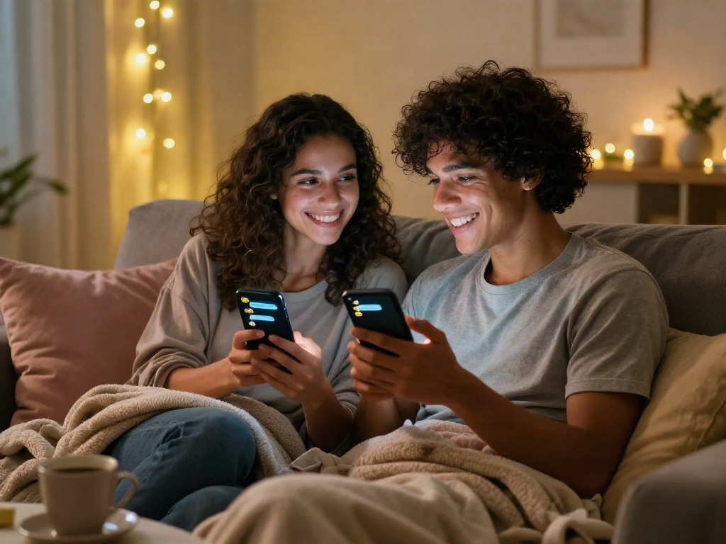 Couple enjoying playful sexting ai conversation on smartphones in a cozy environment, showcasing modern intimacy.