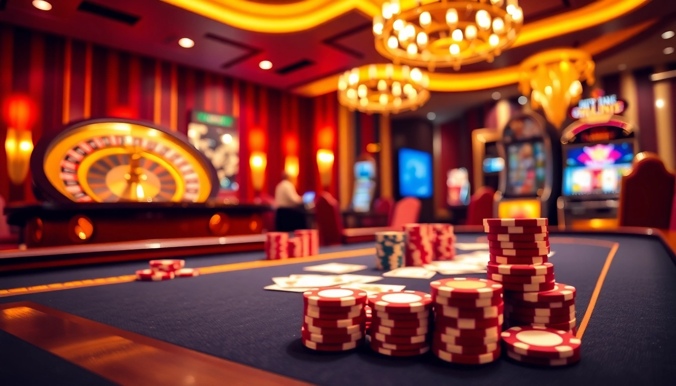 Engaging scene at nhà cái galaxy6623 showcasing a vibrant casino table with poker chips and roulette wheel.
