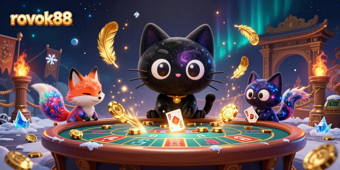 Experience the excitement of rokok88 as the cosmic cat pulls in golden chips at a vibrant casino table.