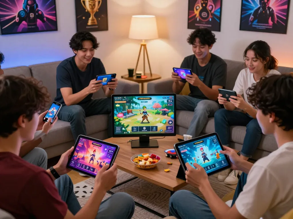 Engaged gamers accessing tải go88 app in a lively living room setting