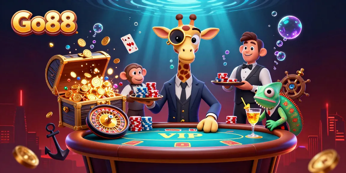 Explore Go88's vibrant casino experience with a high-roller giraffe and dynamic gaming elements.