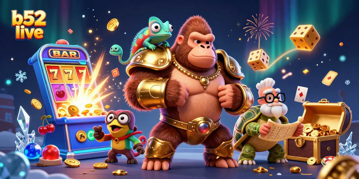 B52 live showcasing a powerful gorilla king in gold armor and vibrant casino elements, demonstrating thrilling gameplay.