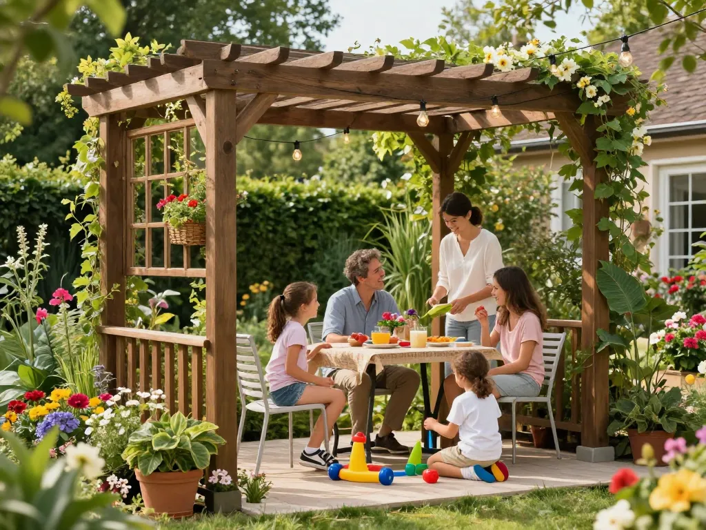 Pergola progettata su misura con una famiglia che trascorre del tempo di qualità, evidenziando i benefici delle pergole software per aziende per gli spazi esterni.