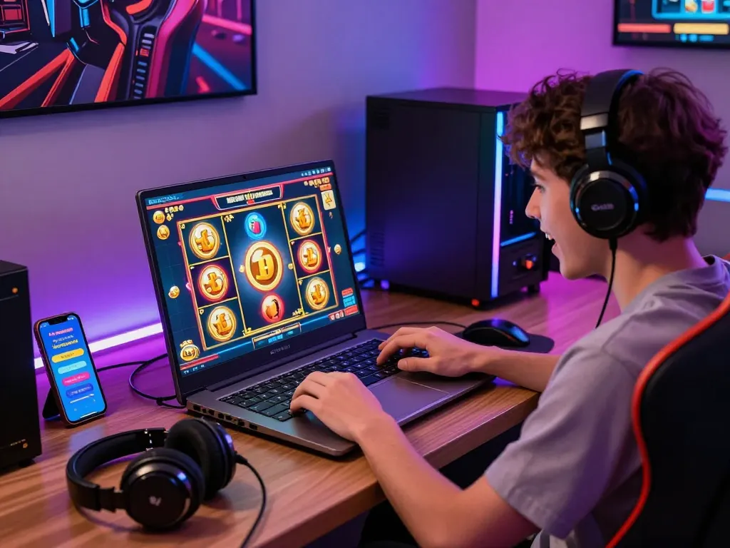 Nổ hũ đổi thưởng gaming experience with player enjoying slot games on laptop, vibrant graphics and rewards in modern desk setup.