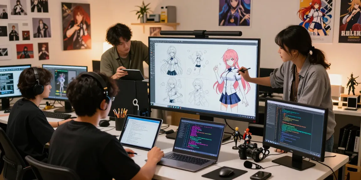 Creative team collaborating on a new hentai game in a vibrant studio, showcasing character designs and coding.