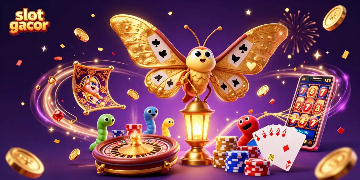 Menangkan slot gacor dengan ilustrasi kasino yang meriah dan karakter unik di latar belakang berkilau.