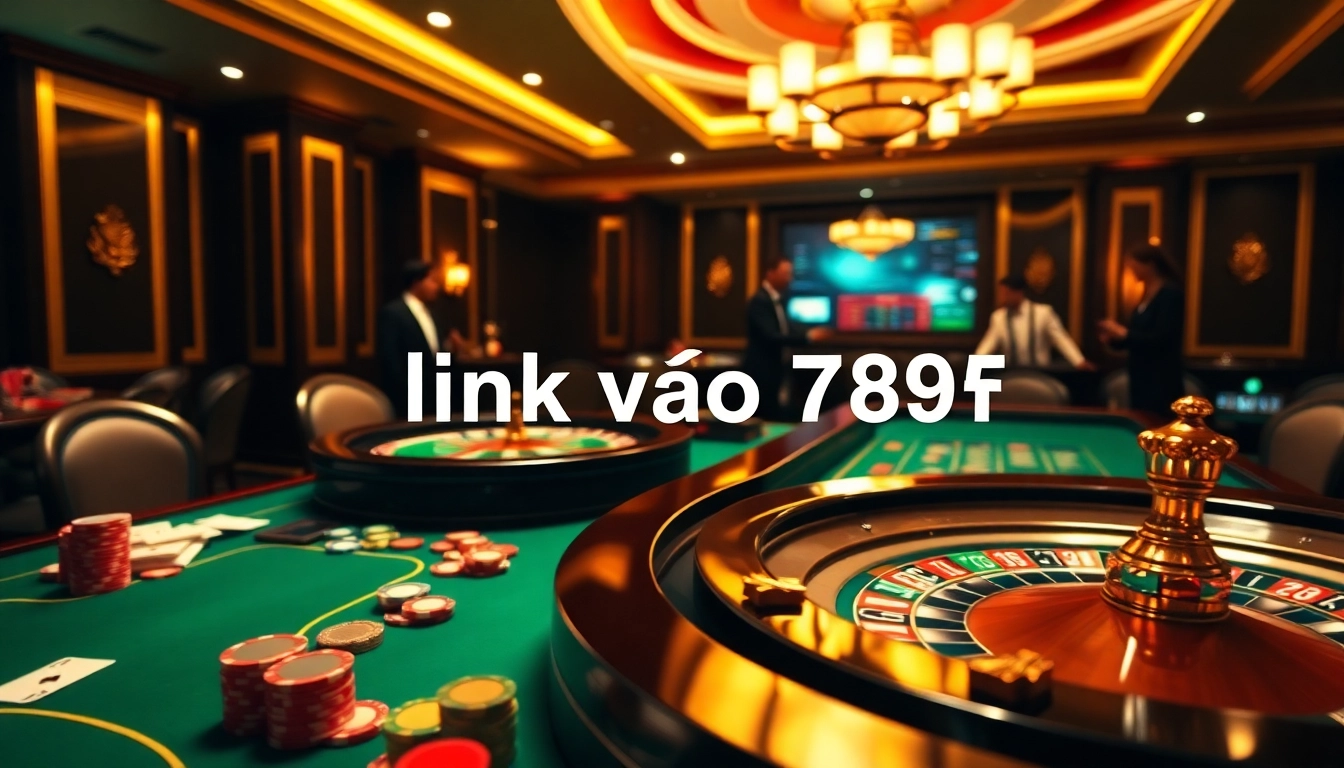Experience the thrill of the link vào 789f in an upscale casino setting with poker tables and roulette wheels.