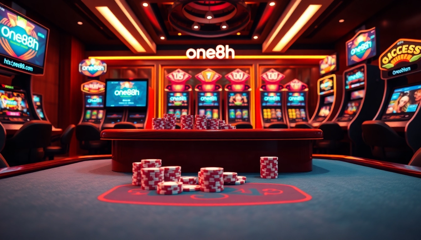 Experience thrilling gaming action at https://one88h.com/ with vibrant poker chips and an elegant casino atmosphere.