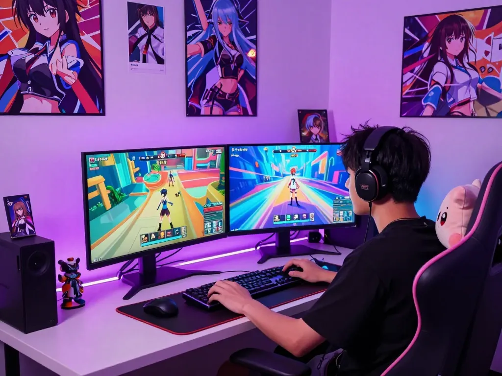 Engaging gaming setup highlighting an anime porn game experience with colorful screens and anime collectibles.