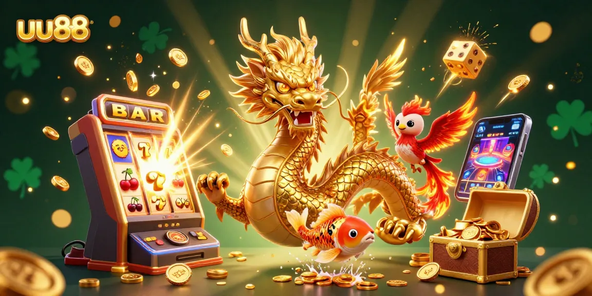 Experience thrilling gaming with uu88, featuring a majestic dragon, phoenix, and koi fish amidst casino excitement.