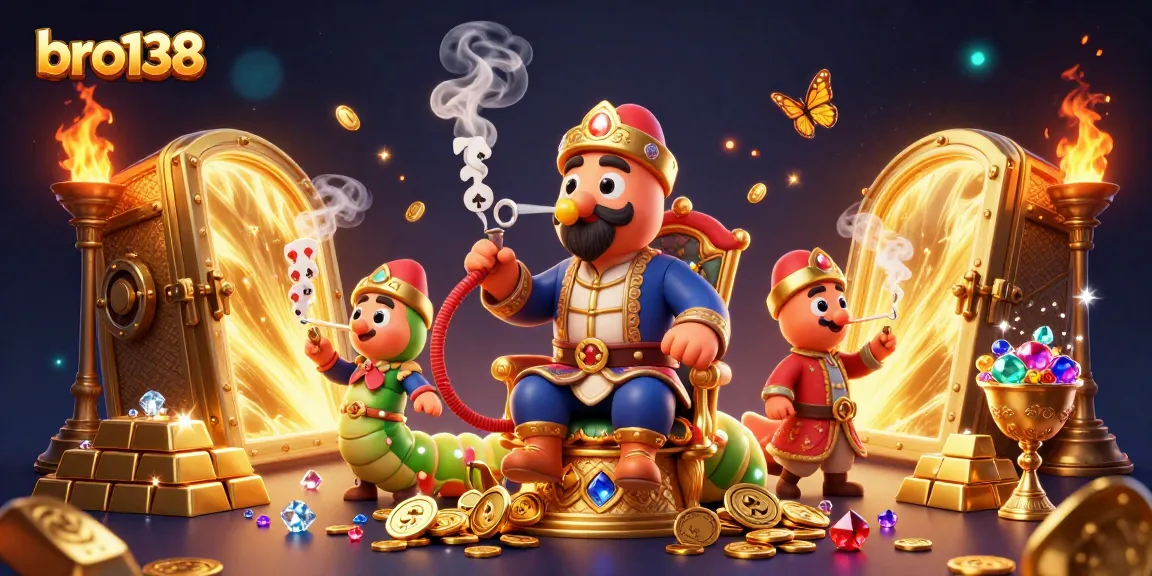 Experience the excitement at bro138 with a vibrant casino scene featuring poker symbols and treasure.
