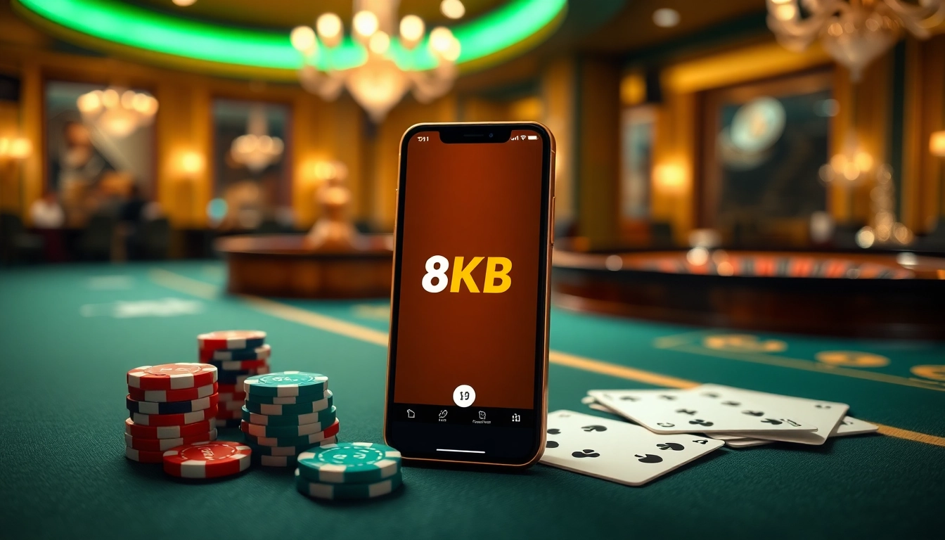 Mobile gambling experience with the 8KBet app featuring luxurious casino elements.