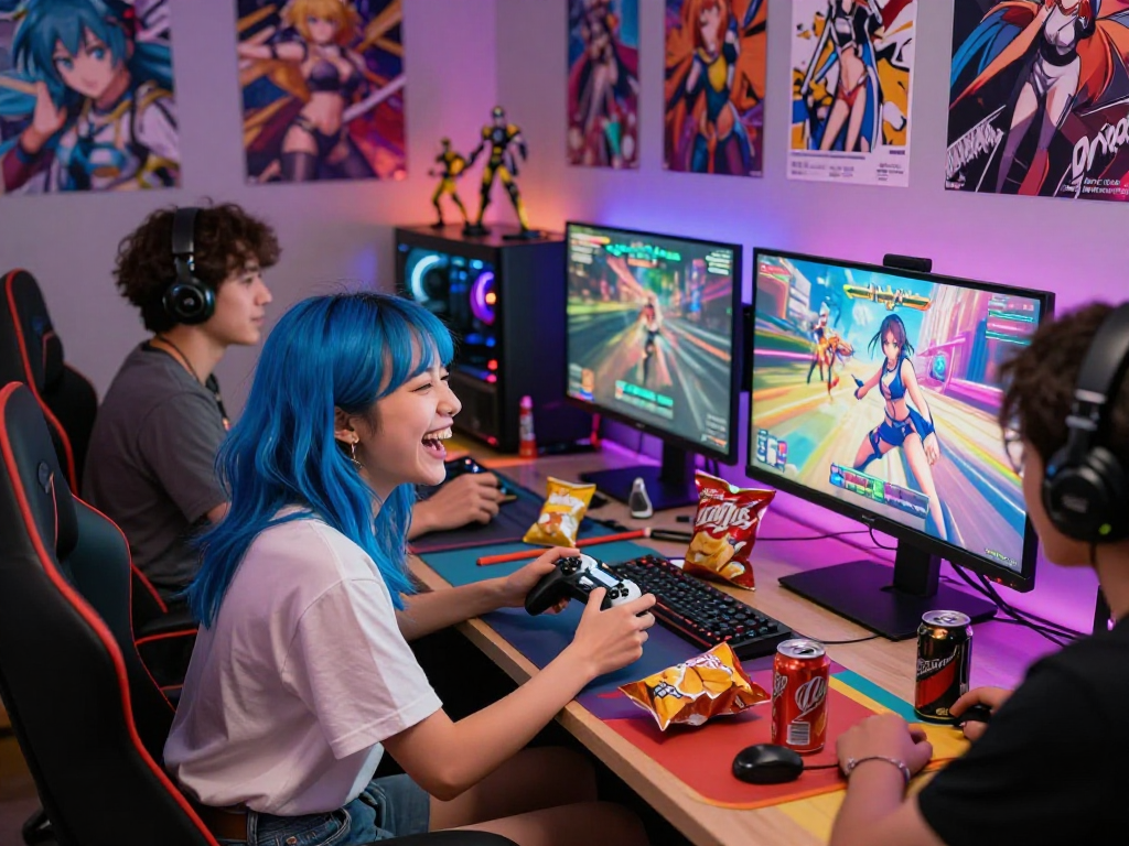 Engaged friends playing hentai games in a lively gaming setup with vibrant decor and dim LED lights.
