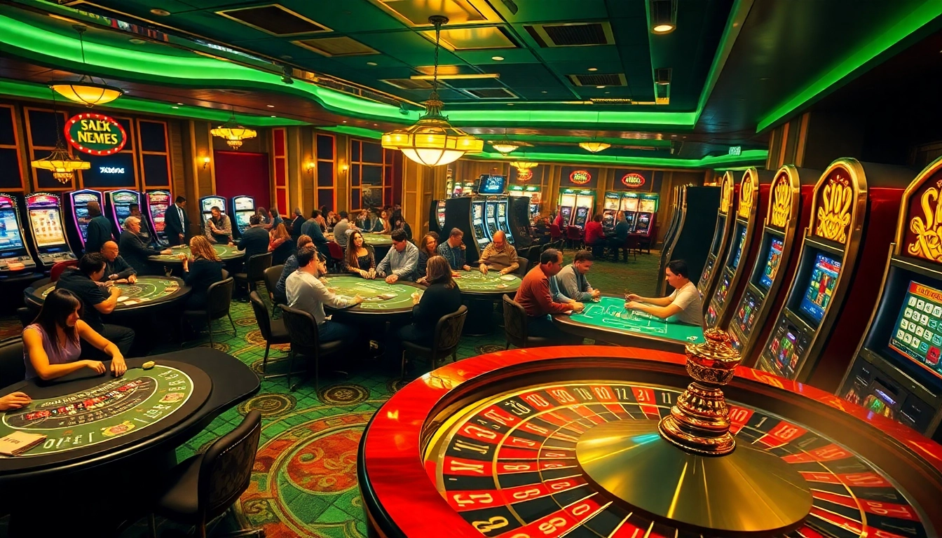 Xoso66 players enjoying a vibrant online casino atmosphere with tables, slot machines, and roulette.