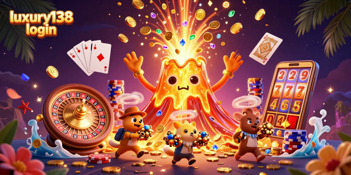 Experience luxury138 login while admiring the vibrant gambling action of 3D cartoon characters amidst golden treasures.
