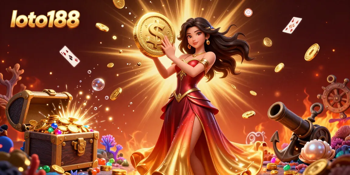 Engage with the vibrant loto188 scene, featuring a stunning woman holding a golden coin amid a shower of gems.