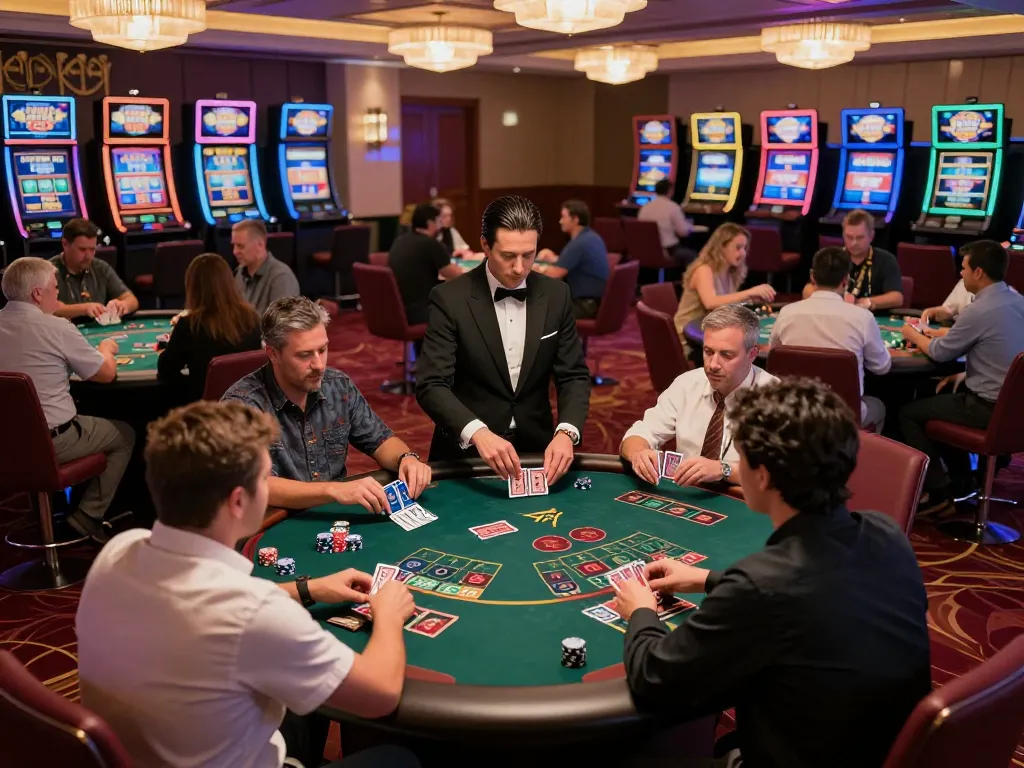 Engaged players at DA88 blackjack tables showcase strategic bets with vivid atmosphere in casino.