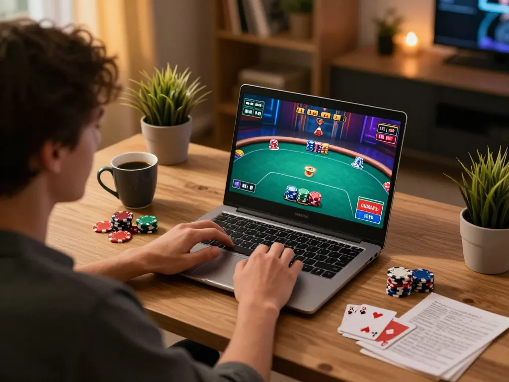 Player strategizing in an online poker game at home using 88aa com on a laptop with colorful chips.
