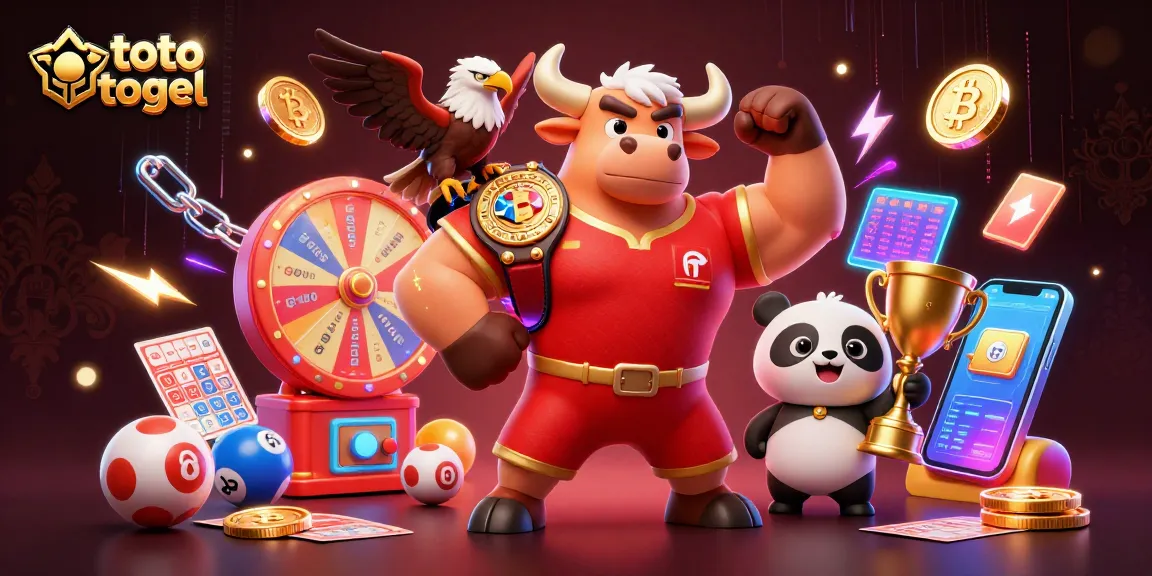 Engage with toto togel action featuring a victorious bull mascot, eagle, and panda amidst vibrant gambling elements.
