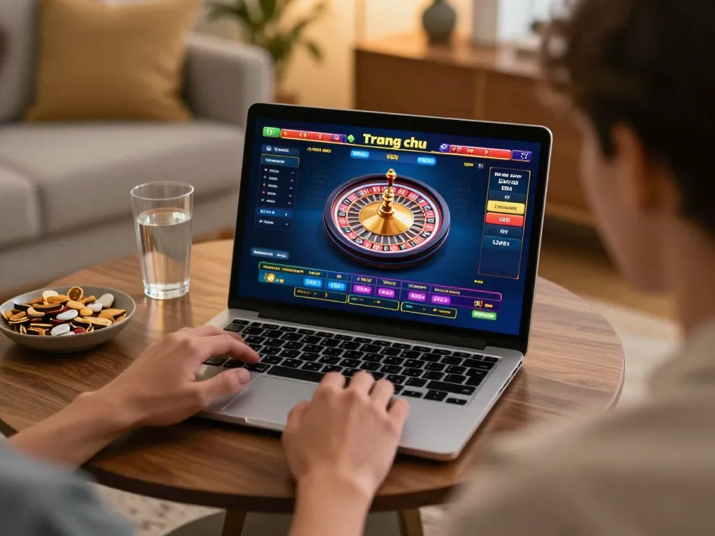 Engaging online casino gameplay at home with 98win trang chu visible on laptop screen