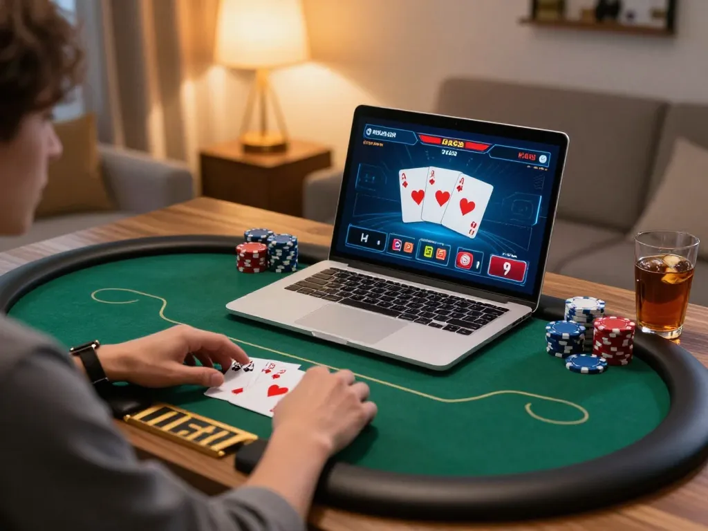 Engaged in a strategic game 98win at home with dynamic poker graphics on screen.