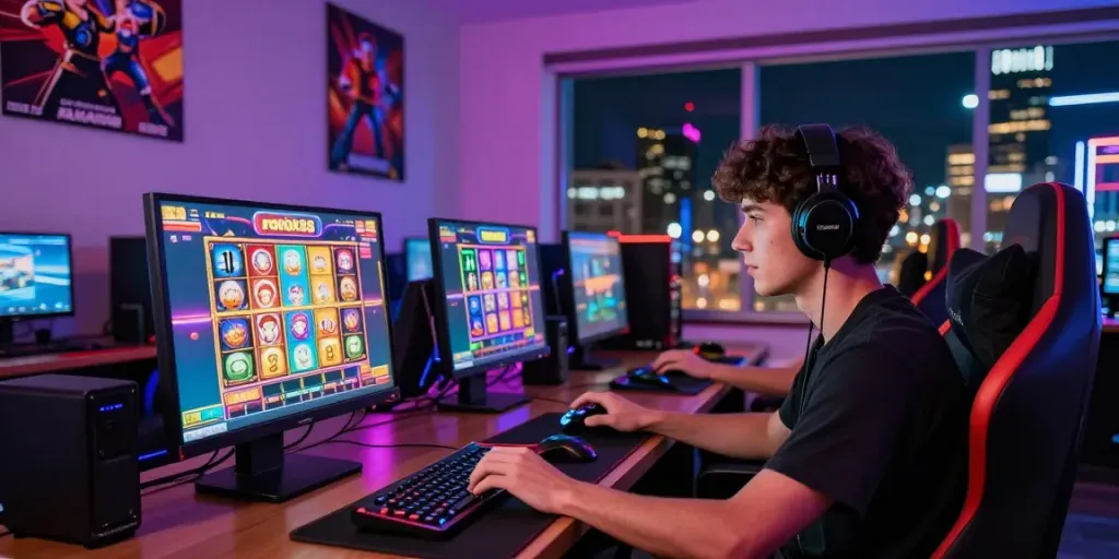Exciting gaming scene showcasing a player engaged in rokok88 slot machine gameplay with vibrant neon lighting and tech accessories.