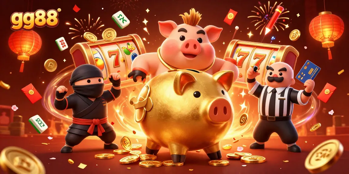 Experience the thrill of gg88 with a golden piggy bank sumo wrestler smashing coins, set in a vibrant casino-themed illustration.