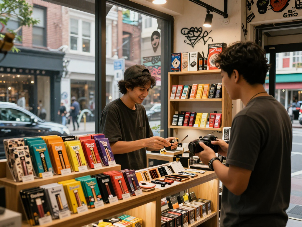 Rokok 88 products showcased in a vibrant smoke shop, inviting atmosphere and engaging customer interaction