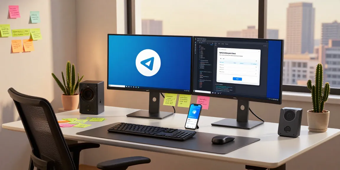 Optimized workspace with dual monitors showcasing Telegram Download for effective software development and communication.