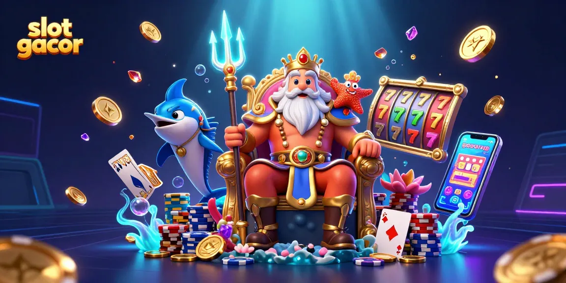 Experience thrilling slot gacor action with Neptune and vibrant casino elements in a dynamic underwater scene