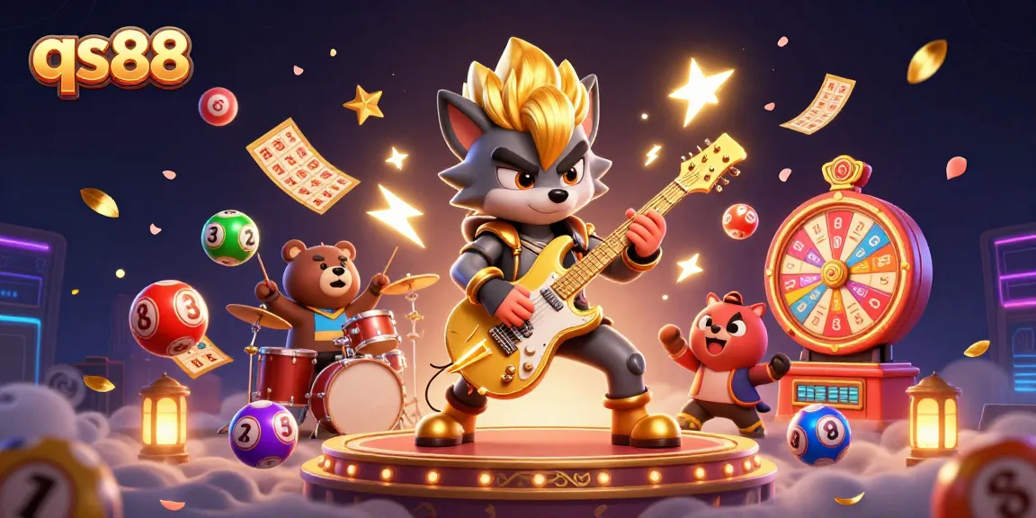 qs88 showcases a vibrant casino scene with rock star wolf and drummer bear on stage.