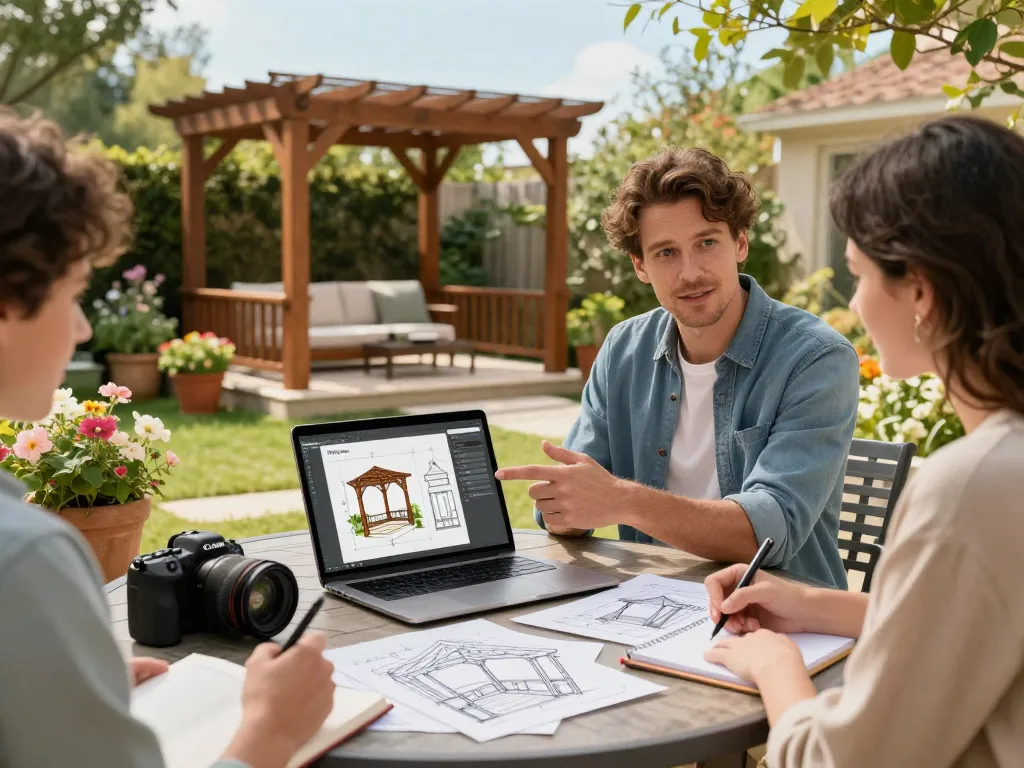 Designer using software configuratore pergole to create custom pergola designs in a sunny garden.